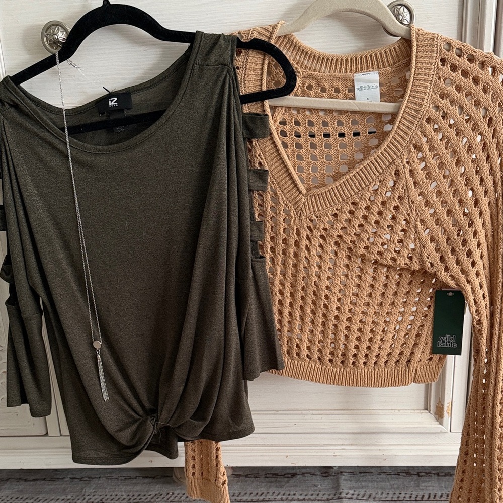 Olive Green Cold-Shoulder Knot Top & Tan Open-Knit V-Neck Sweater (Two-Piece)